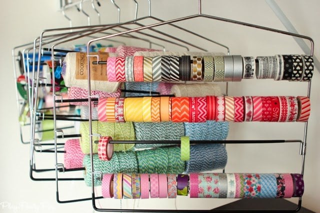 Store washi tape, ribbon, twine, etc. on pants holders, great idea from playpartypin.com