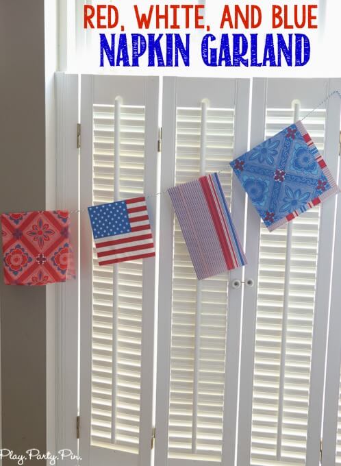 Simple red, white, and blue garland made from paper napkins. An inexpensive and easy way to add fun color an decorations to a party! 